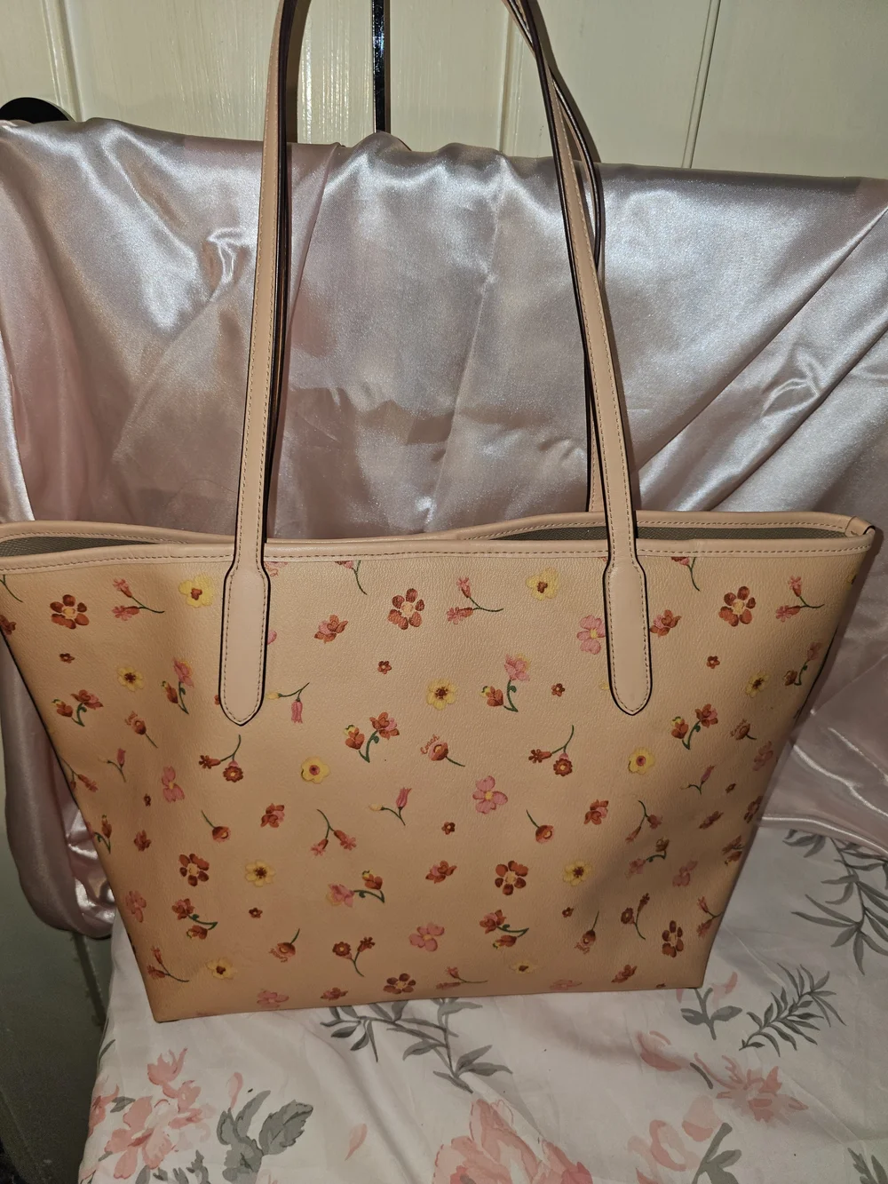 Coach Peach Floral Print Leather City Tote -